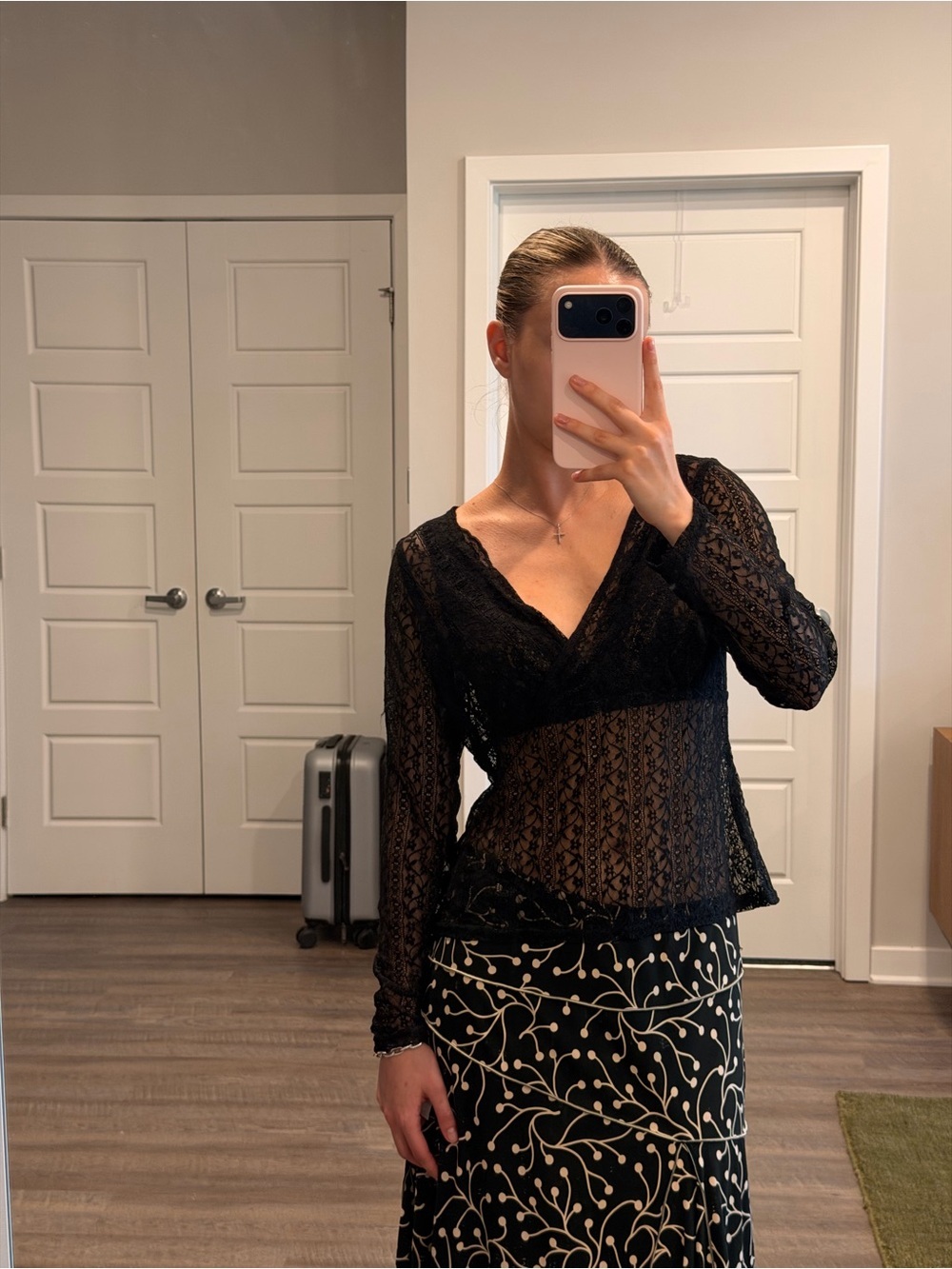 Vintage Y2K Pantology Black Floral Mesh Lace V-Neck Top Sz M Whimsygoth Gothic